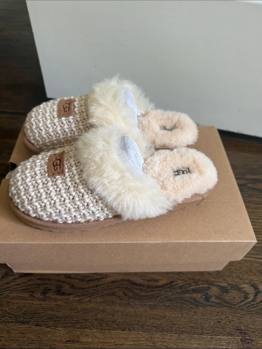 UGG Kids Knit Shearling-Lined Slippers in Cream